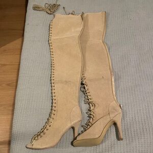 Elegant Beige Lace-Up Over the Knee Boots